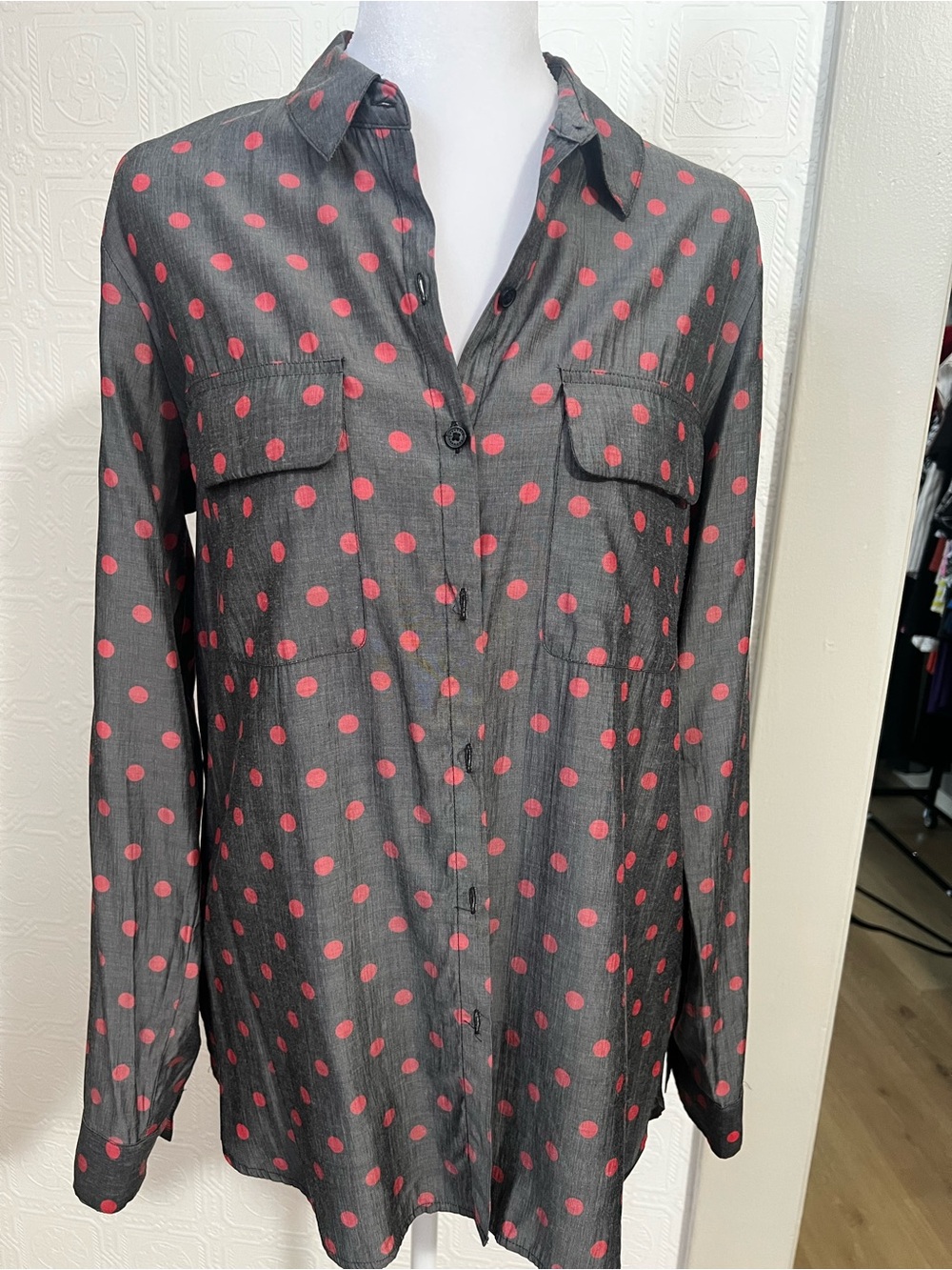 Express Gray Button-Down Shirt with Pink Polka Dots